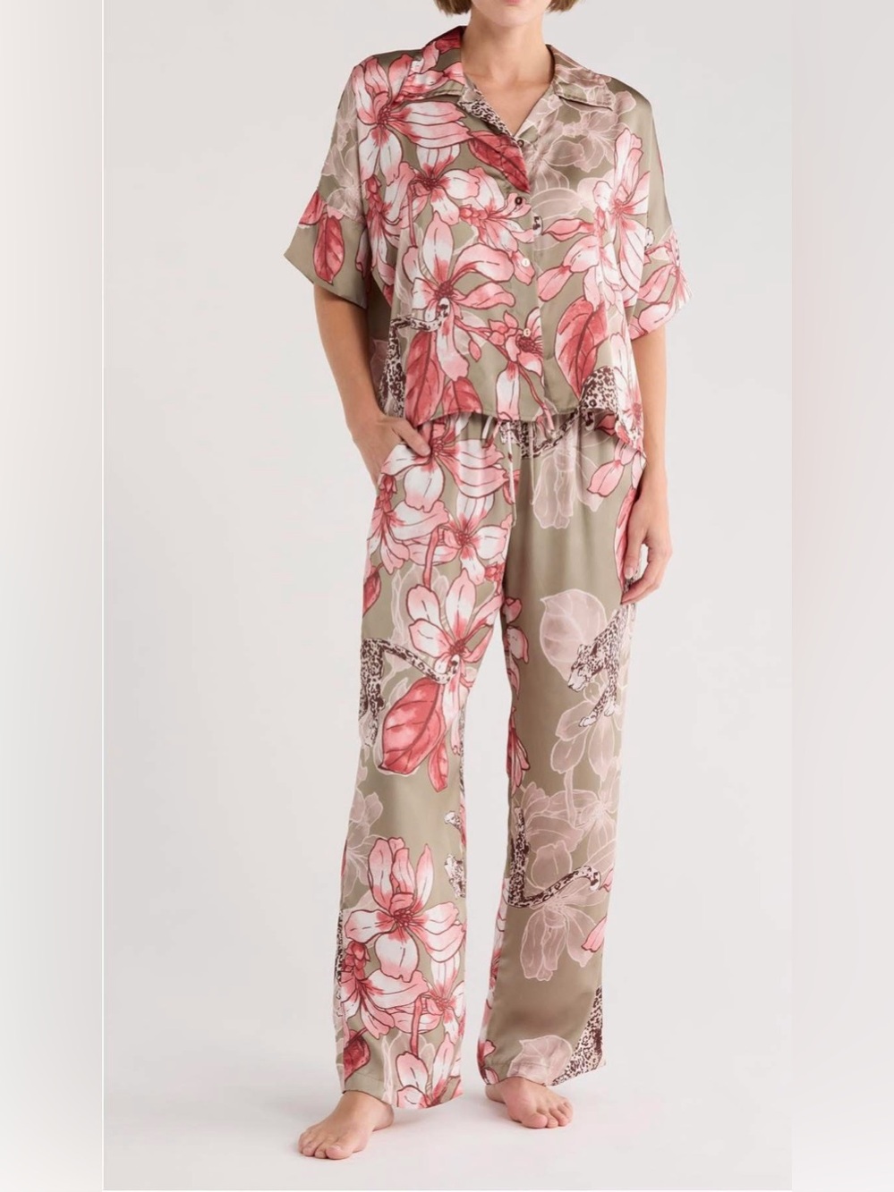 Floral Wide-Leg Lounge Pants Set - Pink Floral on Olive
